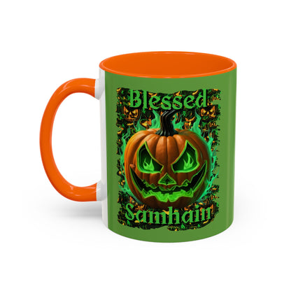Blessed Samhain Green Jack Green Accent Mug by CreepyCrafts.boo