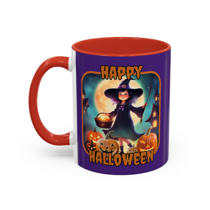 Happy Halloween Little Witch Orange font Purple Accent Mug by CreepyCrafts.boo
