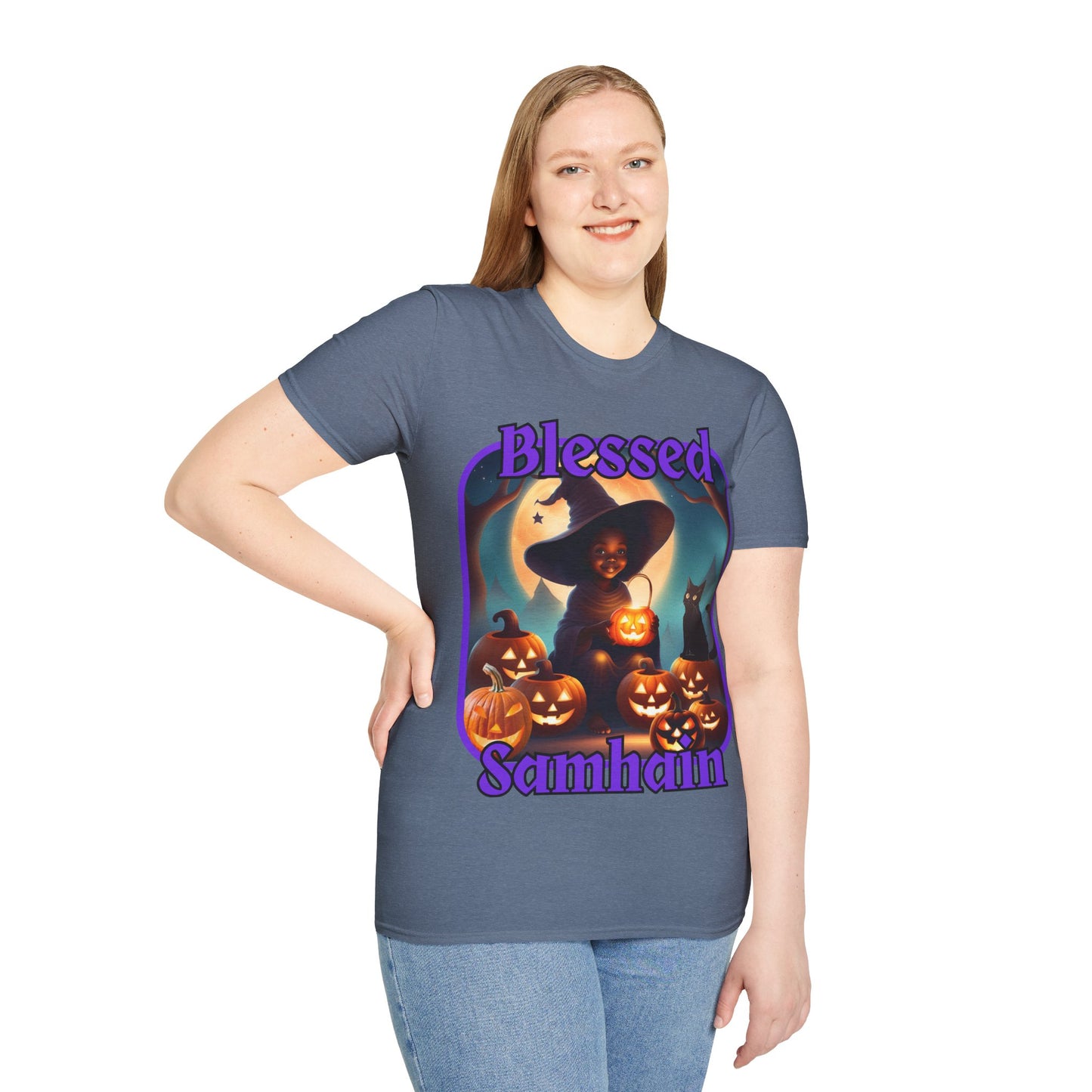Blessed Samhain Cute Witch Purple font Dark colors Unisex T-Shirt by CreepyCrafts.boo