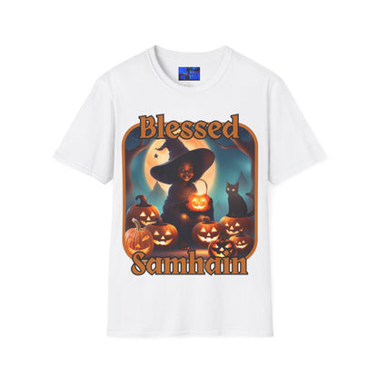 Blessed Samhain Cute Witch ORfont LTcolors Unisex T-Shirt by cypherpunkgear