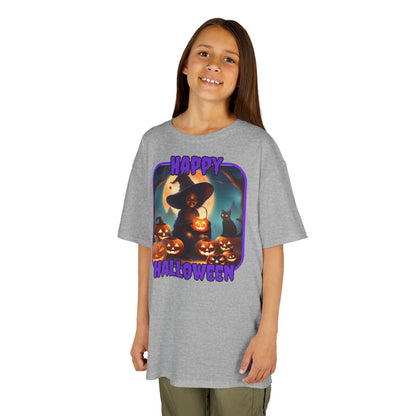 Happy Halloween Cute Witch Purple font Kids Heavy Cotton™ Tee by CreepyCrafts.boo