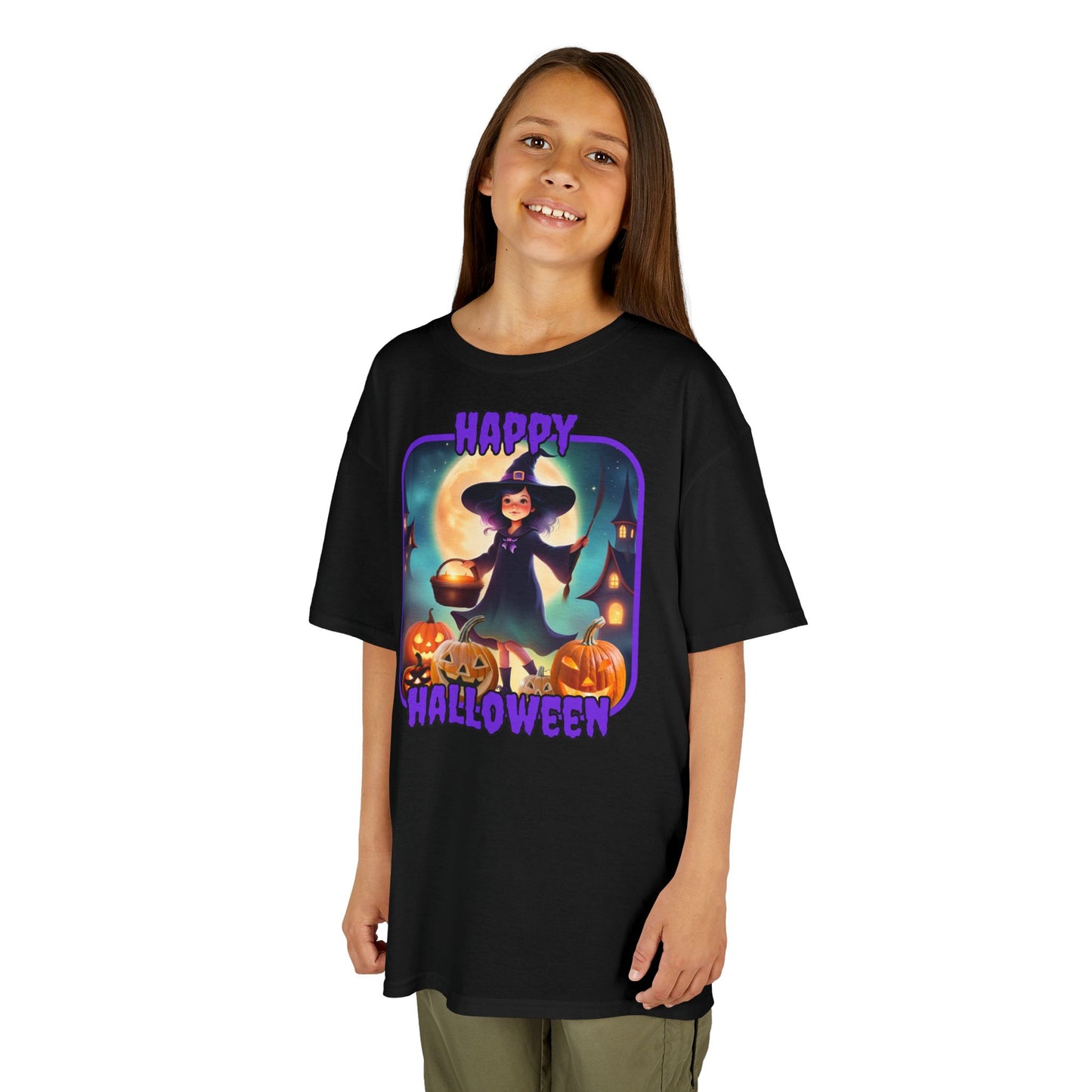 Happy Halloween Little Witch Purple font Kids Heavy Cotton™ Tee by CreepyCrafts.boo