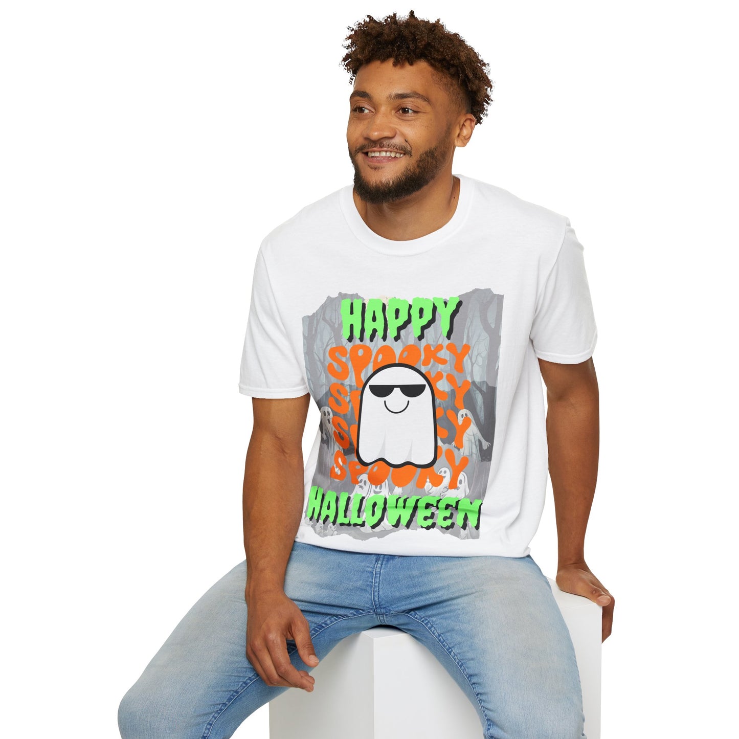 Spooky Happy Halloween Ghost Light colors Green font Unisex T-Shirt by CreepyCrafts.boo