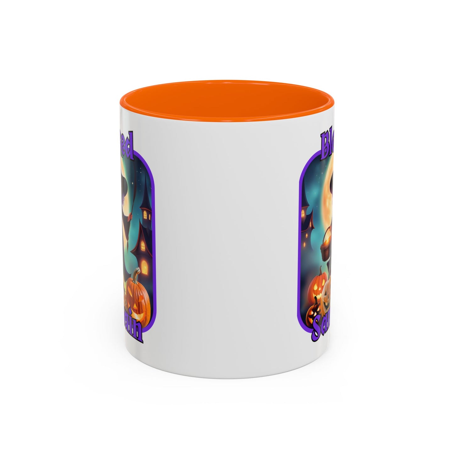 Blessed Samhain Little Witch Purple font White Accent Mug by CreepyCrafts.boo