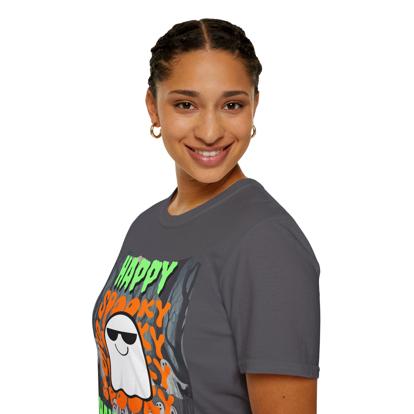 Spooky Happy Halloween Ghost Dark colors Green font Unisex T-Shirt by CreepyCrafts.boo