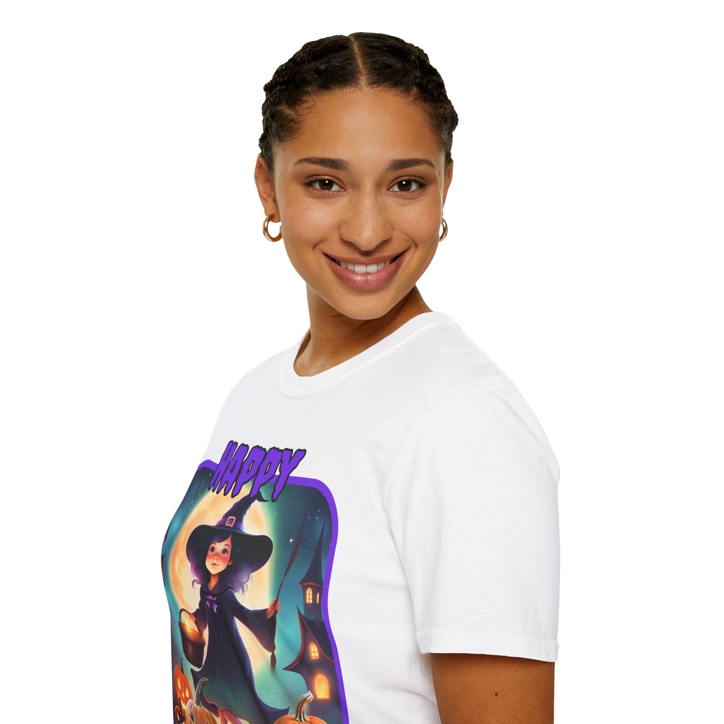 Happy Halloween Little Witch Purple font, Light colors, Unisex T-Shirt by CreepyCrafts.boo