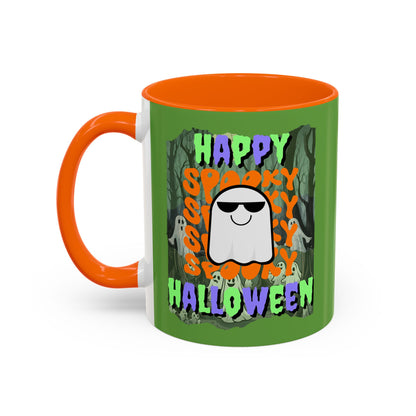 Spooky Happy Halloween Ghost Mixed font Green Accent Mug by CreepyCrafts.boo