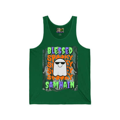 Spooky Blessed Samhain Ghost Mixed font Unisex Jersey Tank Top by CreepyCrafts.boo