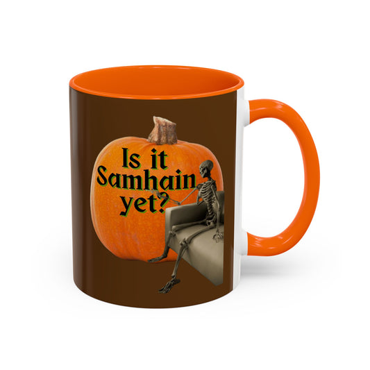 Is It Samhain Yet? Skeleton's Giant Pumpkin Brown Accent Mug by CreepyCrafts.boo