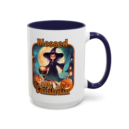 Blessed Samhain Little Witch Orange font White Accent Mug by CreepyCrafts.boo