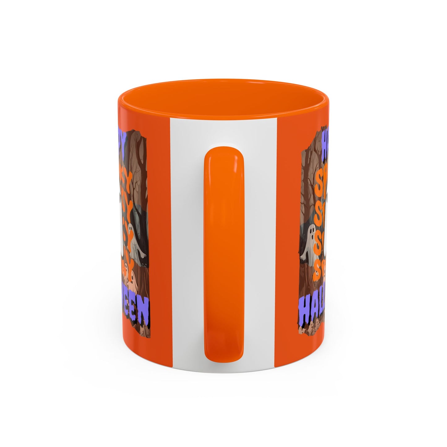 Spooky Happy Halloween Ghost Purple font Orange Accent Mug by CreepyCrafts.boo