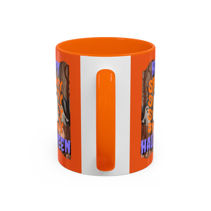 Spooky Happy Halloween Ghost Purple font Orange Accent Mug by CreepyCrafts.boo