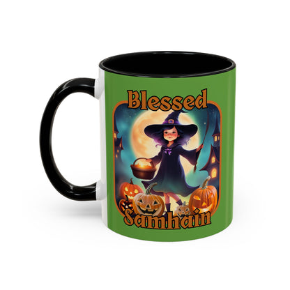 Blessed Samhain Little Witch Orange font Green Accent Mug by CreepyCrafts.boo