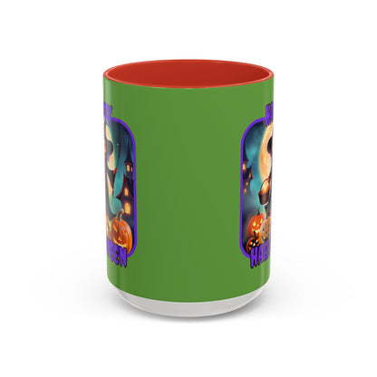 Happy Halloween Little Witch Purple font Green Accent Mug by CreepyCrafts.boo