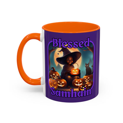 Blessed Samhain Cute Witch Purple font Purple Accent Mug by CreepyCrafts.boo