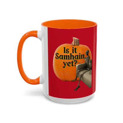 Is It Samhain Yet? Skeleton's Giant Pumpkin Red Accent Mug by CreepyCrafts.boo