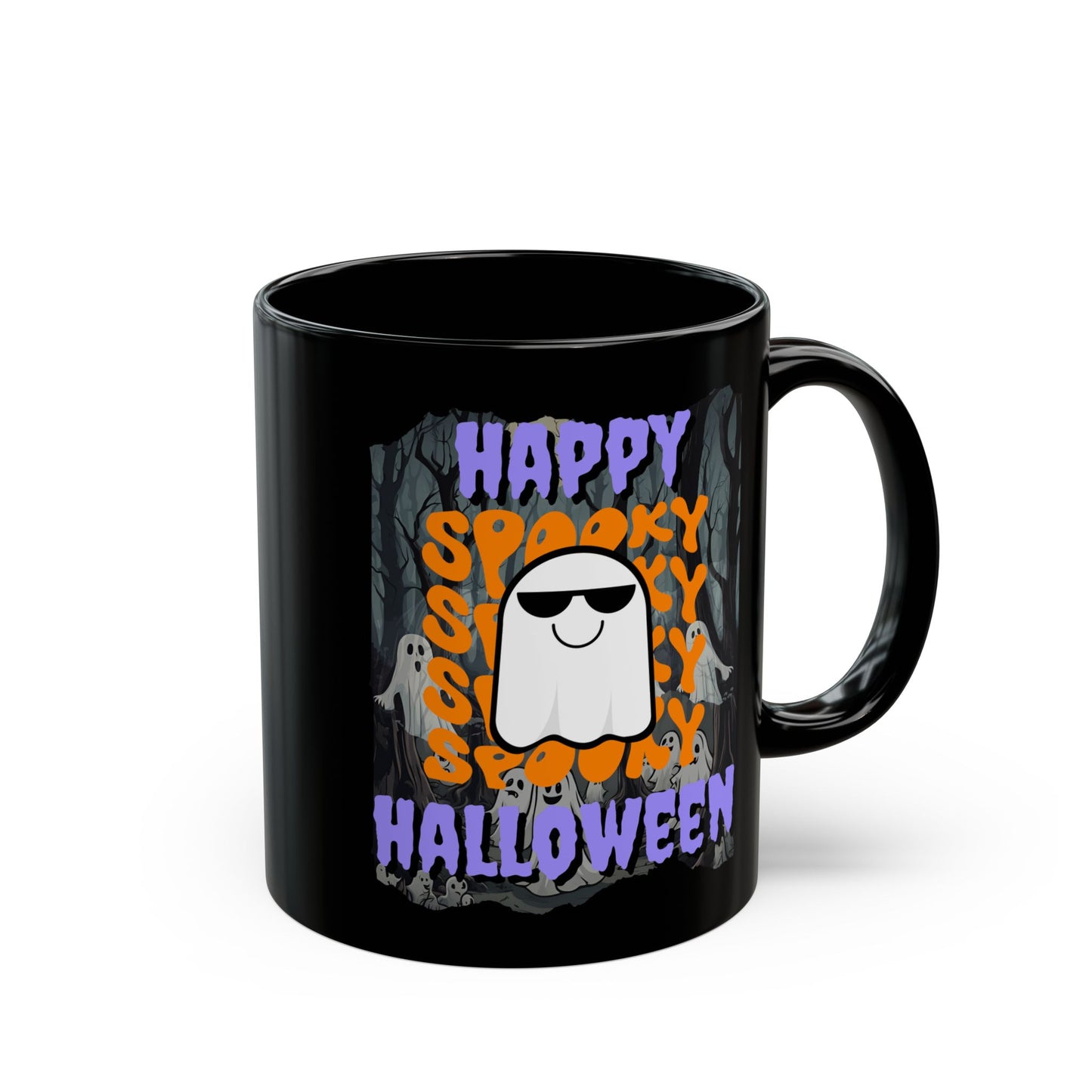 Spooky Happy Halloween Ghost Purple font Black Mug by CreepyCrafts.boo