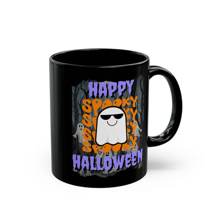 Spooky Happy Halloween Ghost Purple font Black Mug by CreepyCrafts.boo