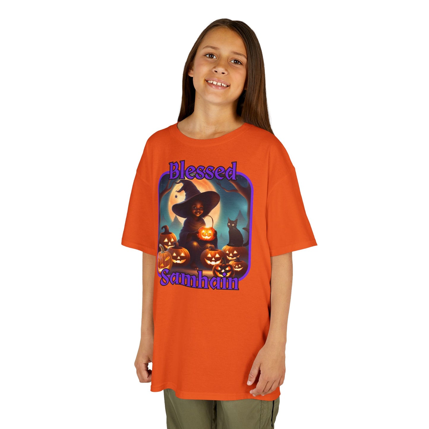 Blessed Samhain Cute Witch Purple font Kids Heavy Cotton™ Tee by CreepyCrafts.boo