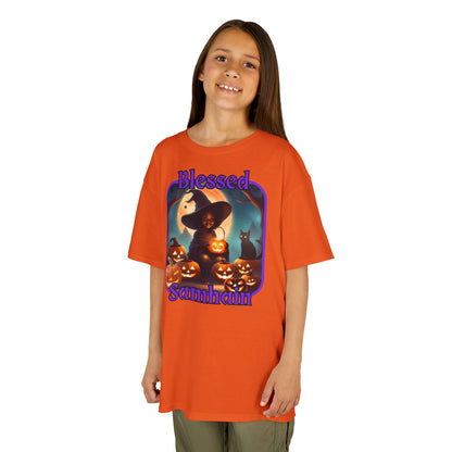 Blessed Samhain Cute Witch Purple font Kids Heavy Cotton™ Tee by CreepyCrafts.boo