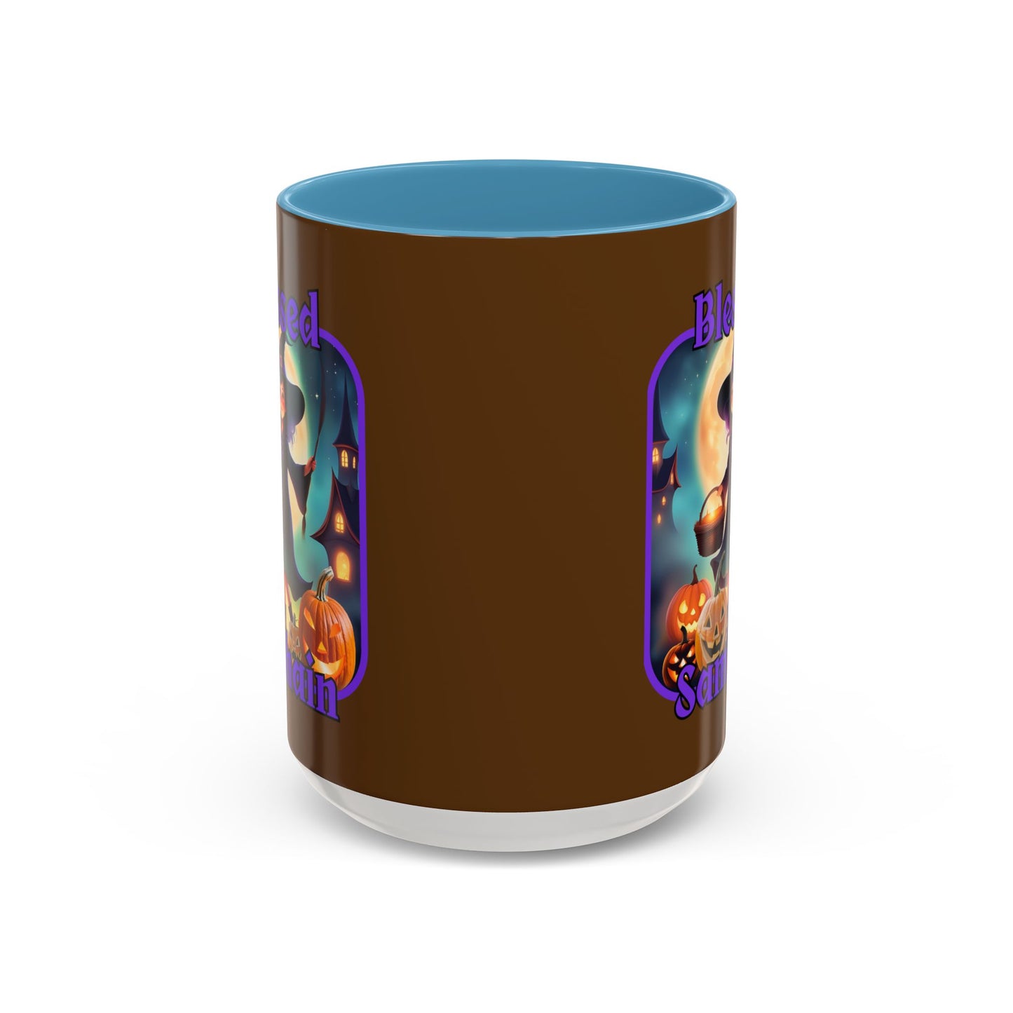Blessed Samhain Little Witch Purple font Brown Accent Mug by CreepyCrafts.boo