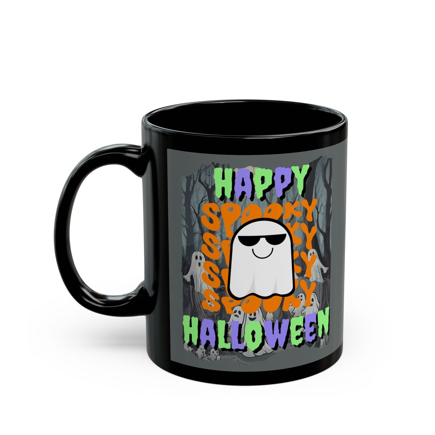 Spooky Happy Halloween Ghost Mixed font Grey Mug by CreepyCrafts.boo