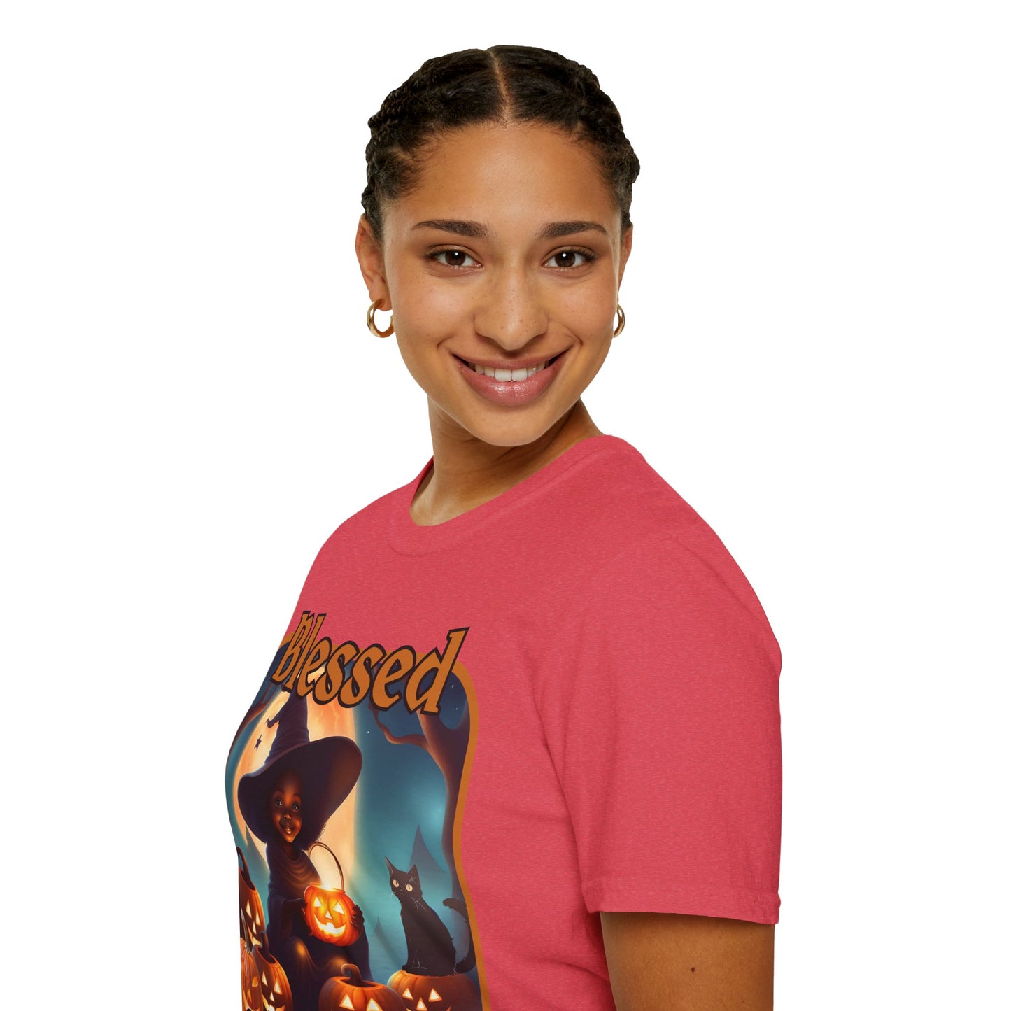 Blessed Samhain Cute Witch Orange font Light colors Unisex T-Shirt by CreepyCrafts.boo