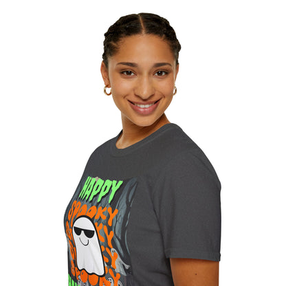 Spooky Happy Halloween Ghost Dark colors Green font Unisex T-Shirt by CreepyCrafts.boo