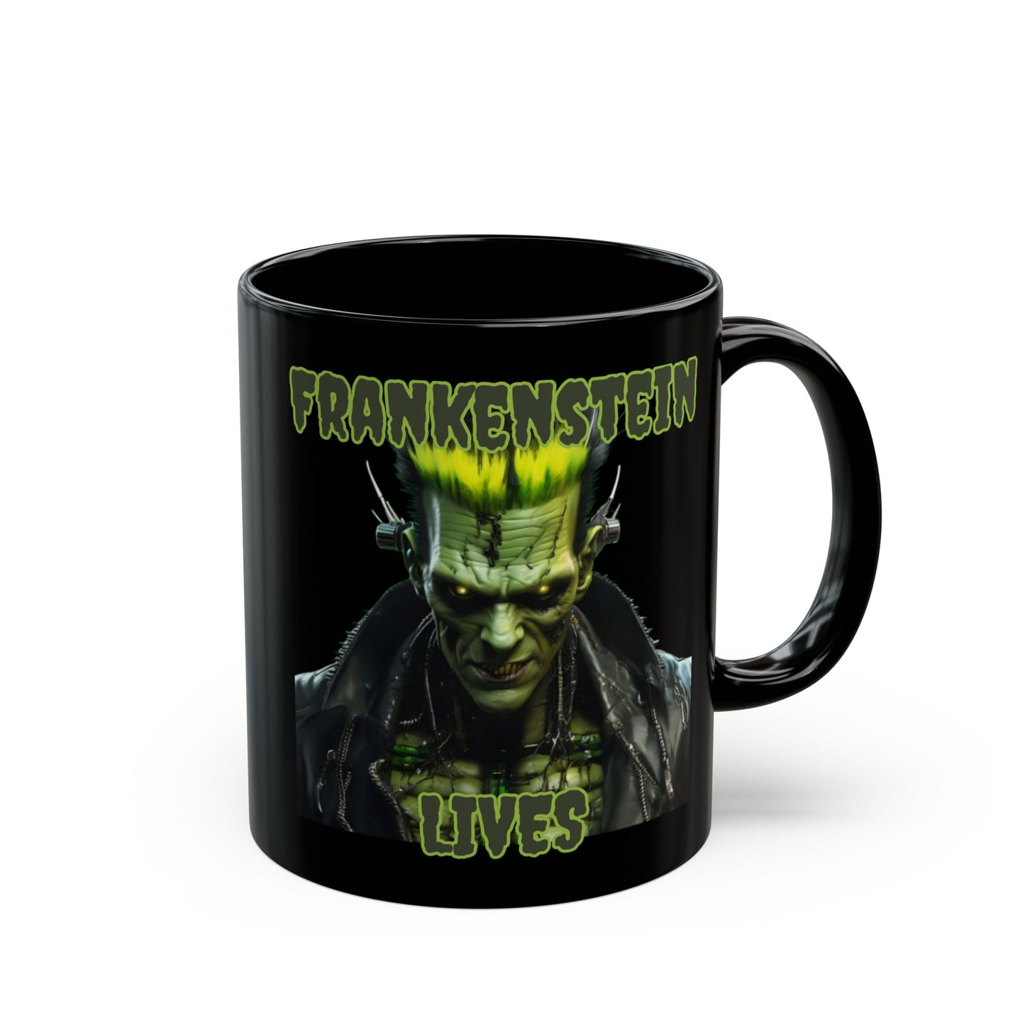 Frankenstein Lives Black Mug by CreepyCrafts.boo