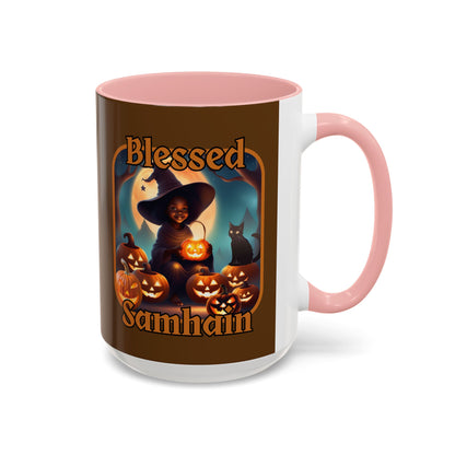 Blessed Samhain Cute Witch Orange font Brown Accent Mug by CreepyCrafts.boo