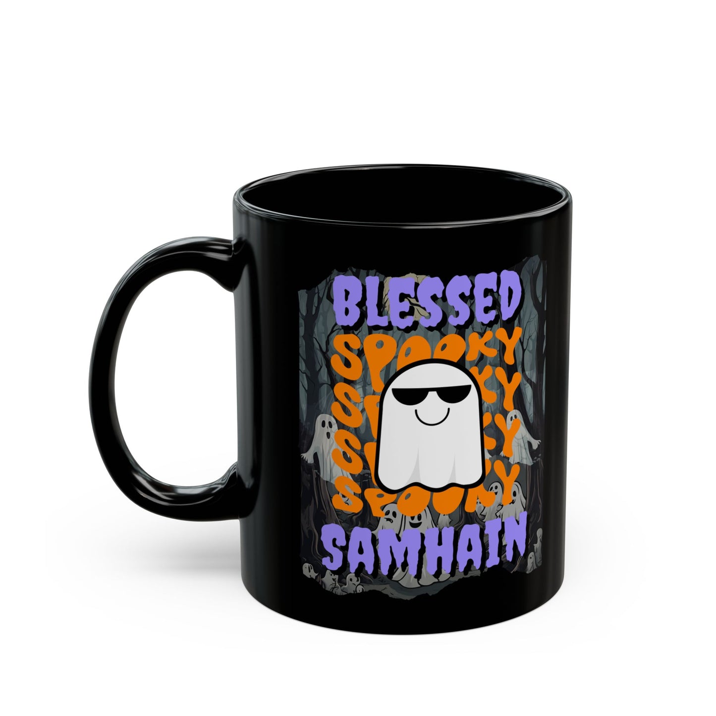 Spooky Blessed Samhain Ghost Purple font Black Mug by CreepyCrafts.boo