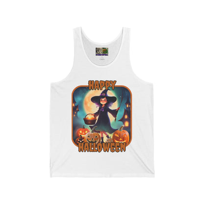 Happy Halloween Little Witch Orange font Unisex Jersey Tank Top by CreepyCrafts.boo
