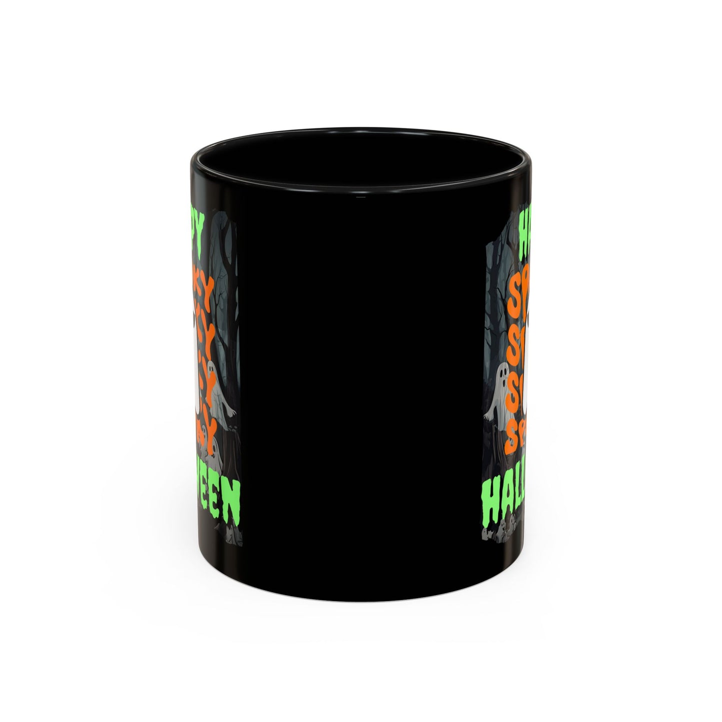 Spooky Happy Halloween Ghost Green font Black Accent Mug by CreepyCrafts.boo