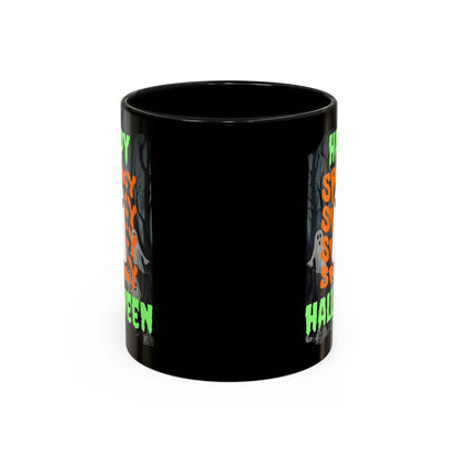 Spooky Happy Halloween Ghost Green font Black Accent Mug by CreepyCrafts.boo