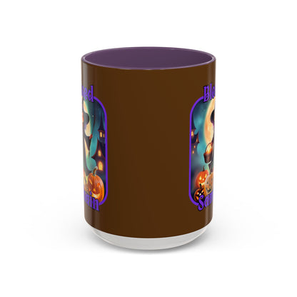 Blessed Samhain Little Witch Purple font Brown Accent Mug by CreepyCrafts.boo