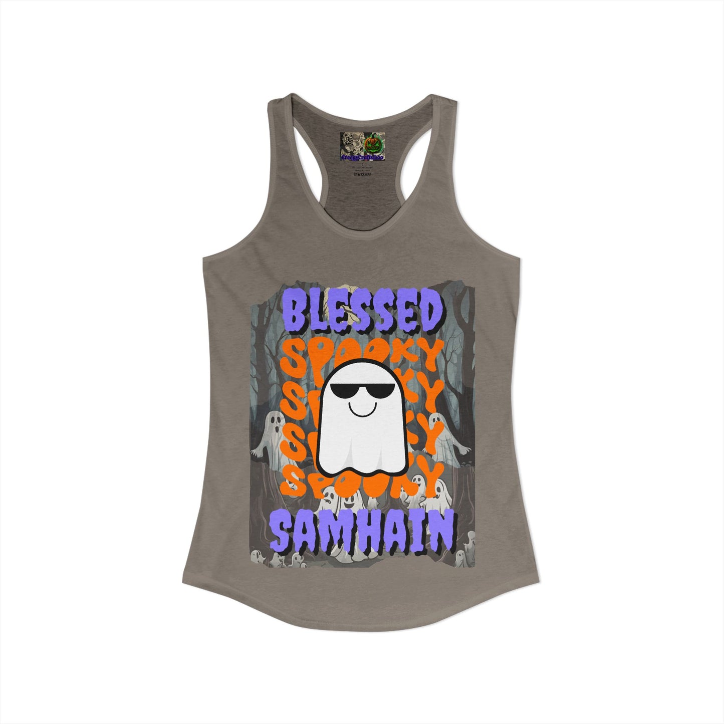 Spooky Blessed Samhain Ghost Purple font Women's Racerback Tank Top by CreepyCrafts.boo