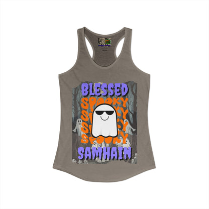 Spooky Blessed Samhain Ghost Purple font Women's Racerback Tank Top by CreepyCrafts.boo