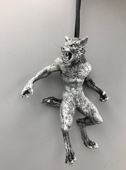 Werewolf Ornament, Grayscale, Hand Painted Resin Sculpture | Gothic Halloween Legendary Monster | Dark Folklore for Spooky Holiday Ornament