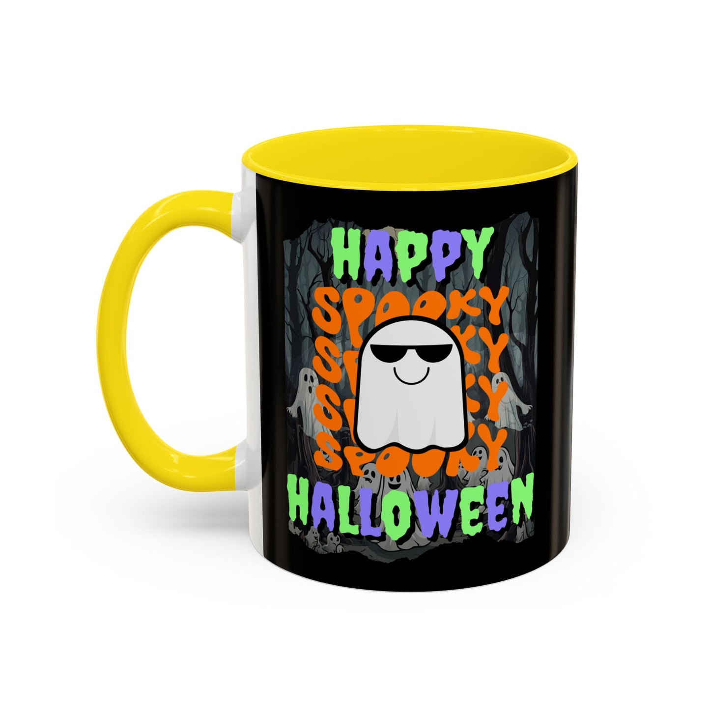 Spooky Happy Halloween Ghost Mixed font Black Accent Mug by CreepyCrafts.boo