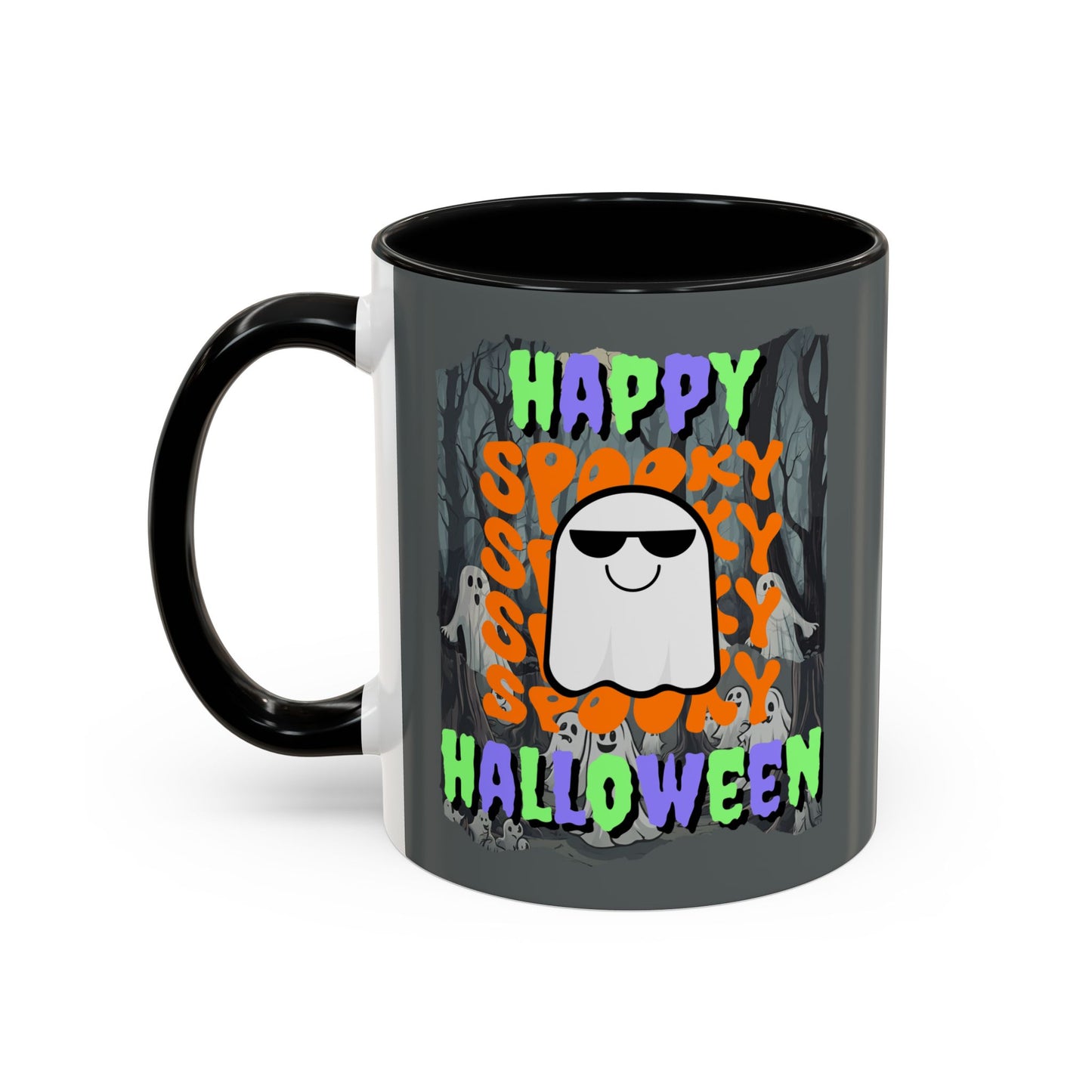 Spooky Happy Halloween Ghost Mixed font Grey Accent Mug by CreepyCrafts.boo