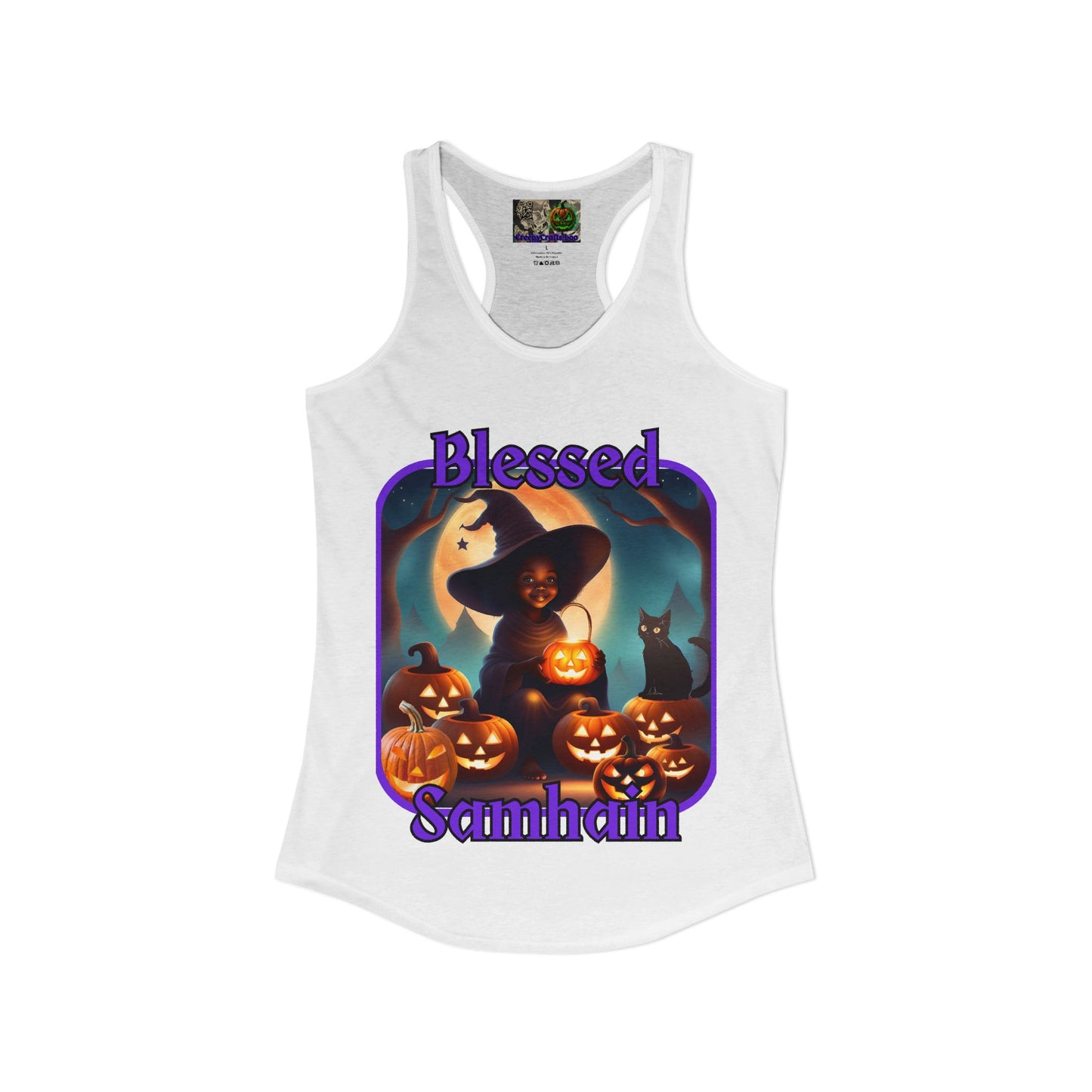 Blessed Samhain Cute Witch Purple font Women's Racerback Tank Top by CreepyCrafts.boo