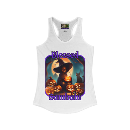 Blessed Samhain Cute Witch Purple font Women's Racerback Tank Top by CreepyCrafts.boo