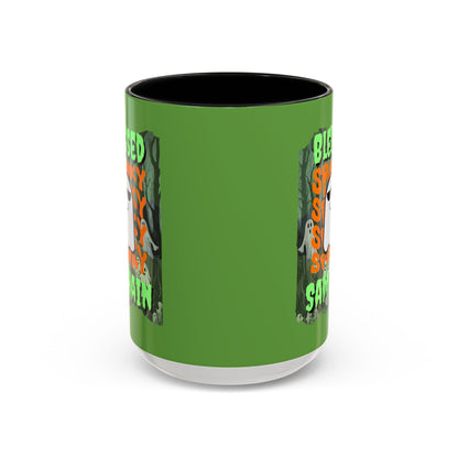 Spooky Blessed Samhain Ghost Green font Accent Mug by CreepyCrafts.boo