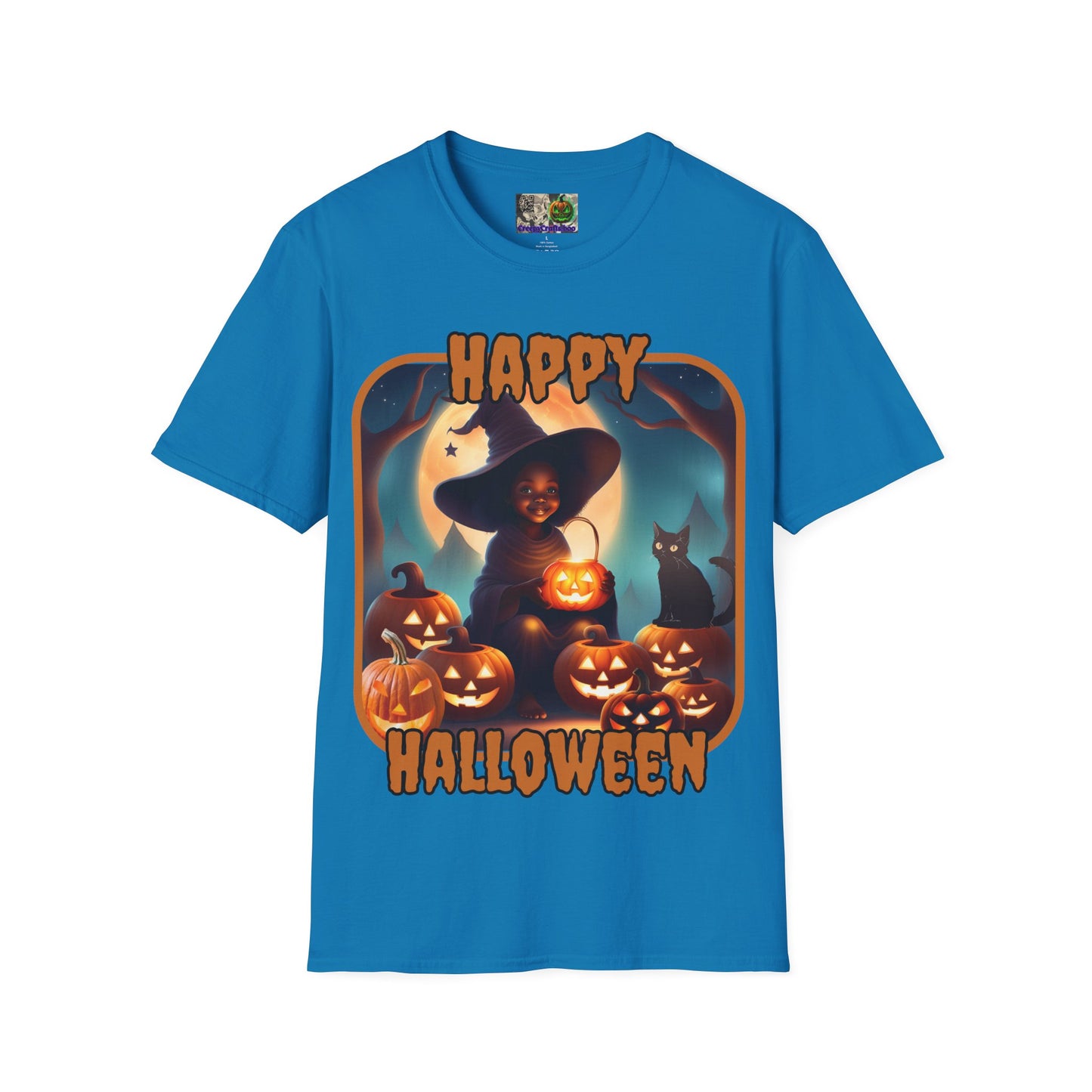 Happy Halloween Cute Witch Orange font, Dark colors, Unisex T-Shirt by CreepyCrafts.boo