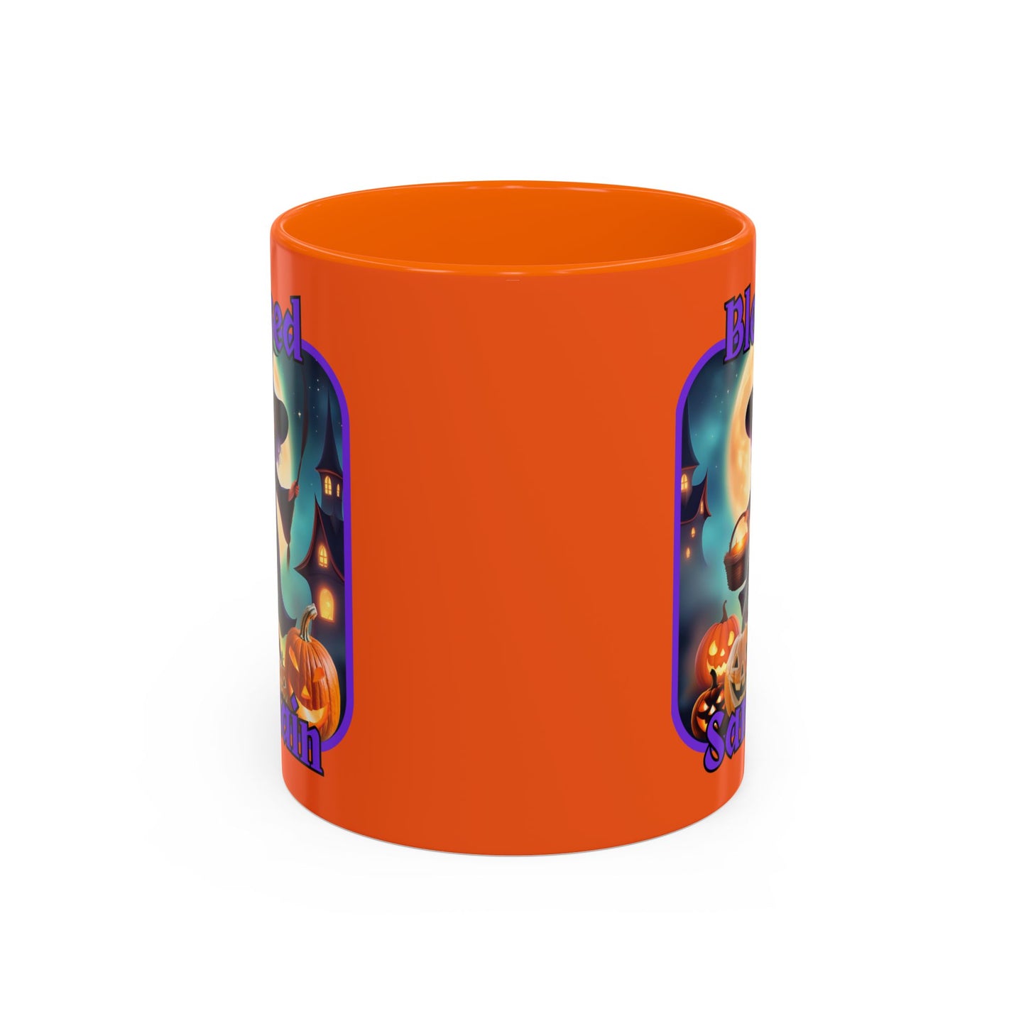 Blessed Samhain Little Witch Purple font Orange Accent Mug by CreepyCrafts.boo