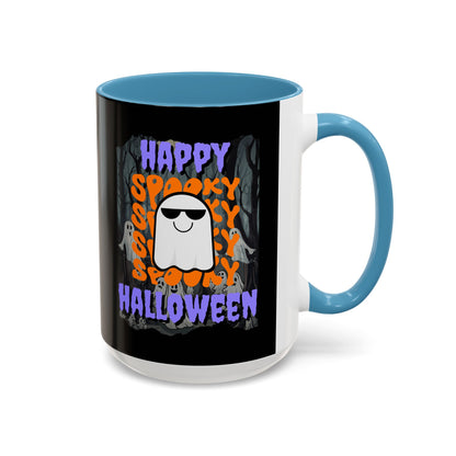 Spooky Happy Halloween Ghost Purple font Black Accent Mug by CreepyCrafts.boo