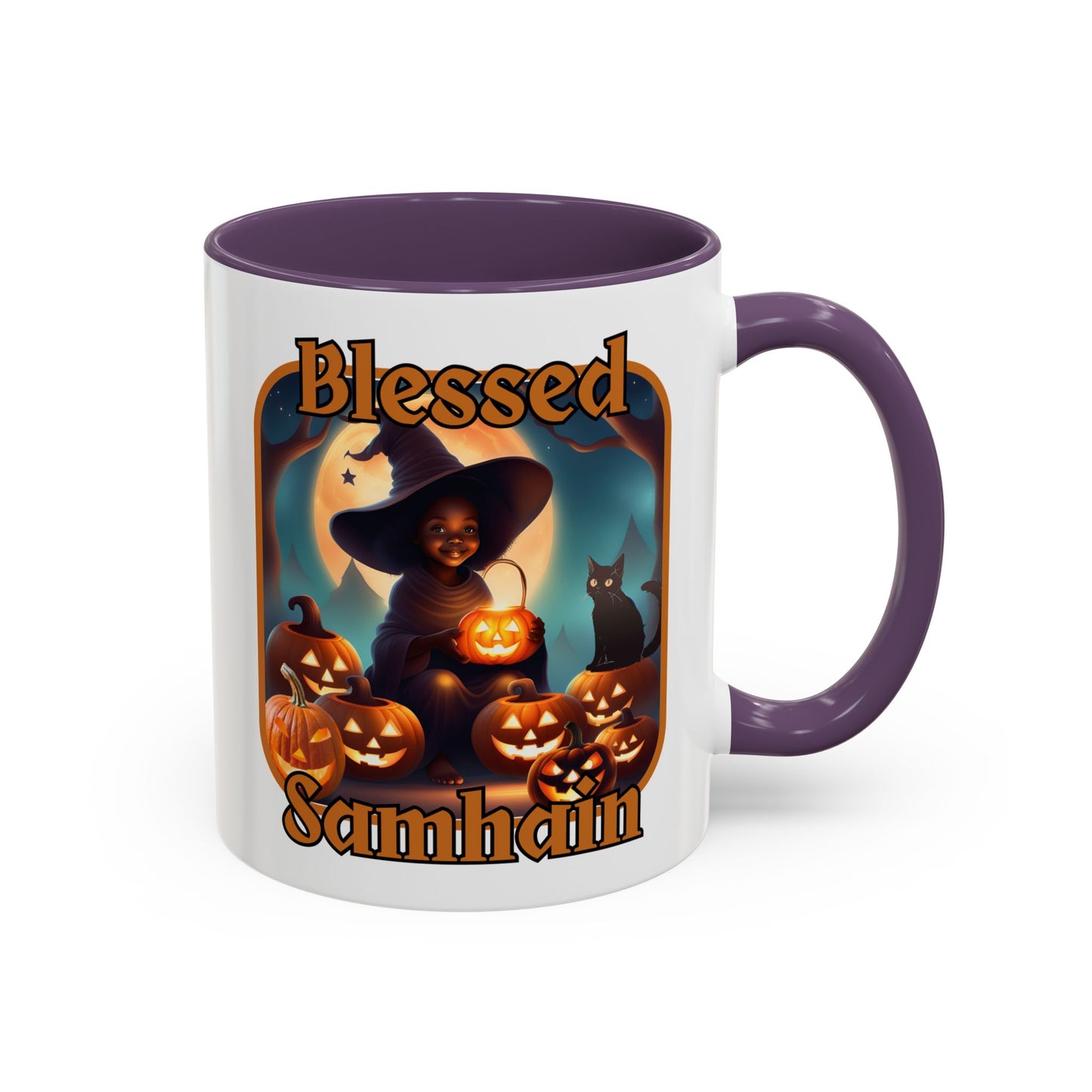 Blessed Samhain Cute Witch Orange font White Accent Mug by CreepyCrafts.boo