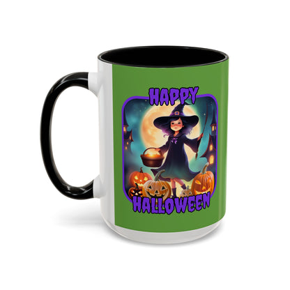 Happy Halloween Little Witch Purple font Green Accent Mug by CreepyCrafts.boo
