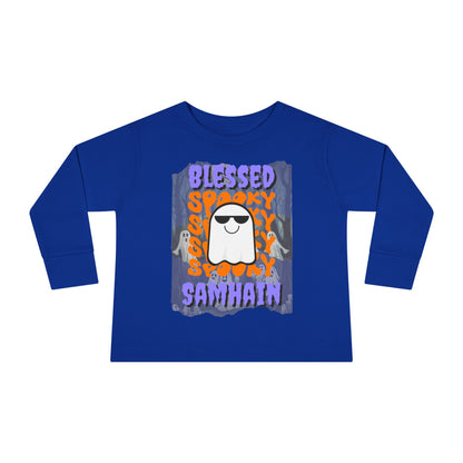 Spooky Blessed Samhain Ghost Purple font Toddler Long Sleeve Tee by CreepyCrafts.boo
