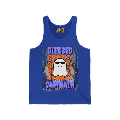 Spooky Blessed Samhain Ghost Purple font Unisex Jersey Tank Top by CreepyCrafts.boo